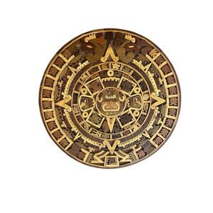 Cuauxhicalli Aztec Mosaic Calendar Mexico Hand Carved Inlay Vintage Wood Art‎